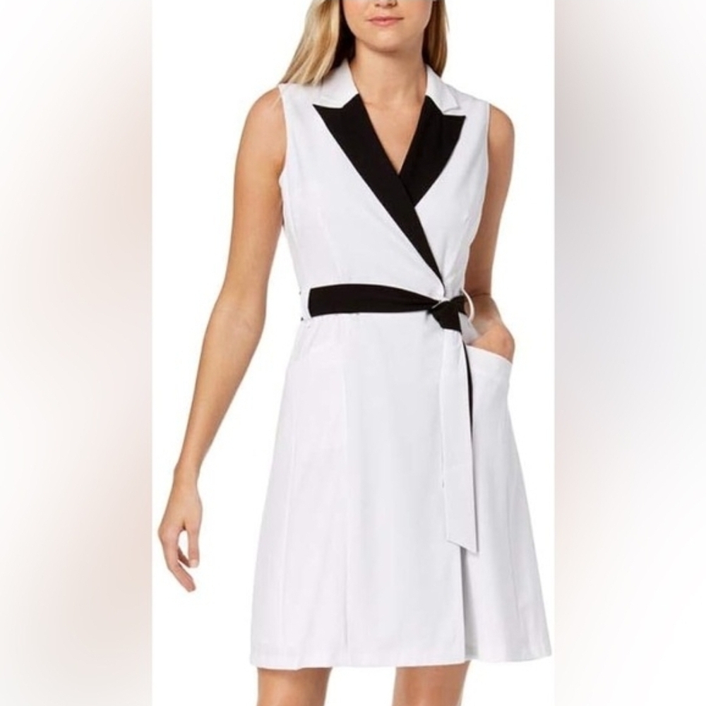 Calvin Klein White Sleeveless Wrap Midi Dress with Black Trim